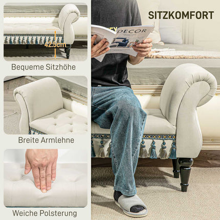 Beige velvet upholstered bench with storage and armrests