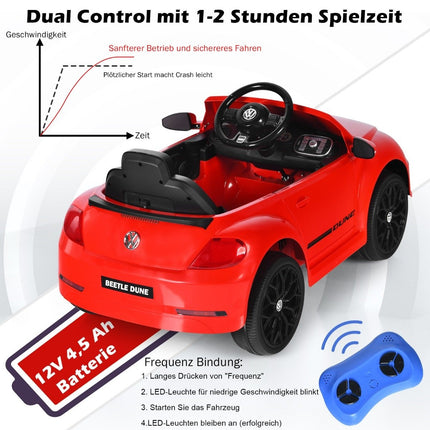 VW Beetle vaikiškas automobilis su muzika ir 2 apšvietimo režimais, įskaitant 2.4G nuotolinio valdymo pultą, raudonas
