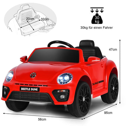 VW Beetle vaikiškas automobilis su muzika ir 2 apšvietimo režimais, įskaitant 2.4G nuotolinio valdymo pultą, raudonas