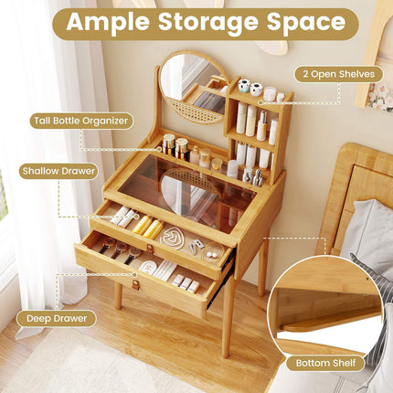 Praustuvo staliukas su veidrodžiu, 23,5 colio bambukas, 2 stalčiai
