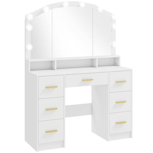 Kosmetinis staliukas su veidrodžiu, 10 LED lempučių, 7 stalčiai, baltas MDF
