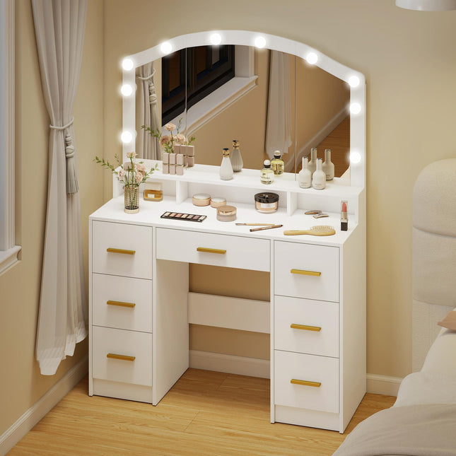 Kosmetinis staliukas su veidrodžiu, 10 LED lempučių, 7 stalčiai, baltas MDF