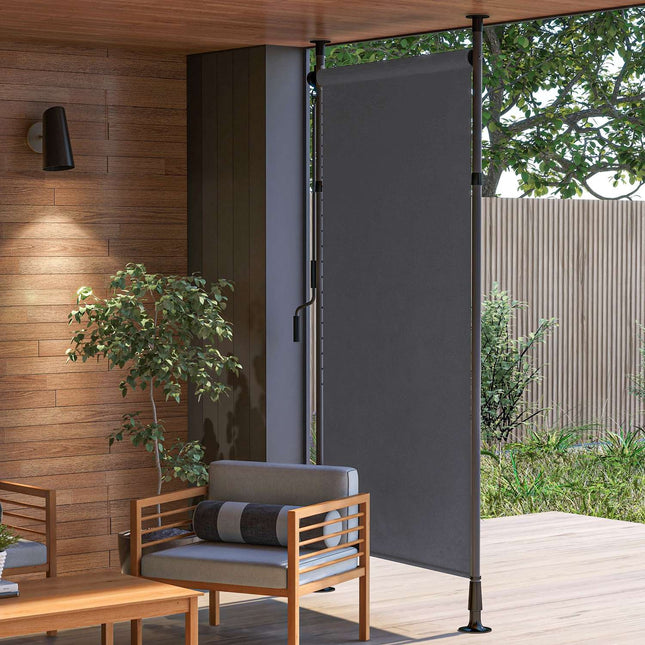 Vertikalus balkono markizės tipo žaliuzė 150 x 220-310 cm su alkūniniu velenu, atsparus oro sąlygoms balkono privatumo ekranas, pagamintas iš poliesterio, tamsiai pilkos spalvos, skirtas sodui