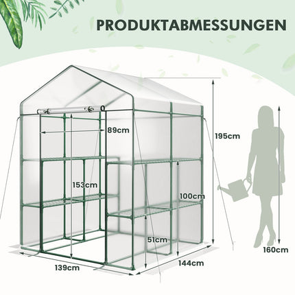 Įeinamas šiltnamis su 8 lentynomis, PVC danga, 139x144x195 cm