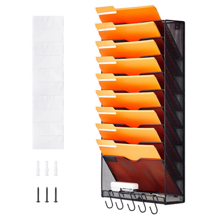 Wall File Organizer, 10-Pocket Mesh Metal Holder, Labels