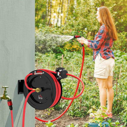 Prie sienos tvirtinama sodo žarnos ritė, automatinė susitraukimo sistema, 15+1 m, metalinė
