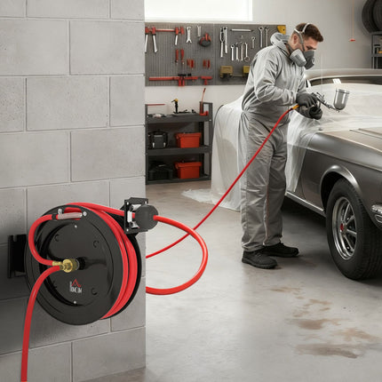 Prie sienos tvirtinama sodo žarnos ritė, automatinė susitraukimo sistema, 15+1 m, metalinė