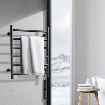 Wall-Mounted Heated Towel Rack, 6-Bar, Timer, LED Display, Black