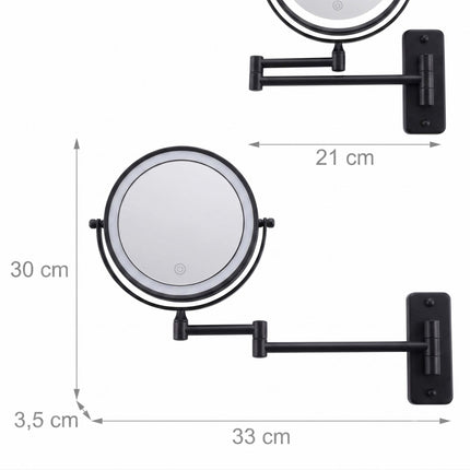Sieninis LED kosmetinis veidrodis, 10 kartų didinimas, juodas