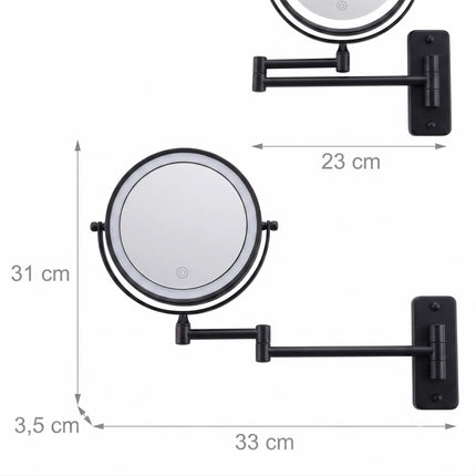 Sieninis LED kosmetinis veidrodis, 10 kartų didinimas, juodas