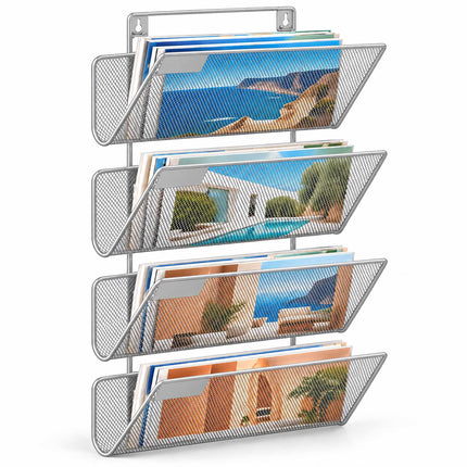 Wall-Mounted Magazine Holder with 4 Tiers, Silver Iron, Screws Included