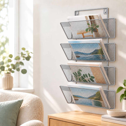 Wall-Mounted Magazine Holder with 4 Tiers, Silver Iron, Screws Included