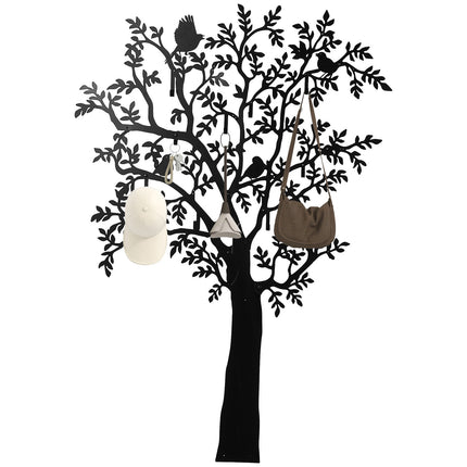 Wall-Mounted Metal Coat Rack with Tree and Bird Design