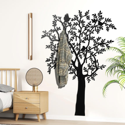 Wall-Mounted Metal Coat Rack with Tree and Bird Design