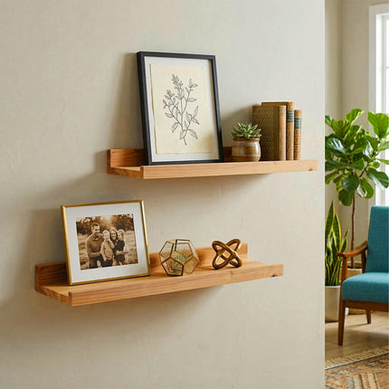 Walnut Wall Shelf, Narrow Picture Ledge With Raised Lip