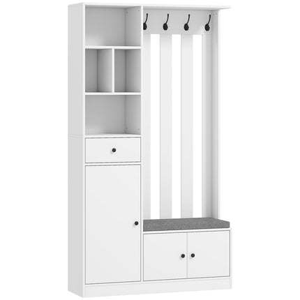 Spinta su drabužių kabykla, batų suoliuku, kabliukais, MDF, balta