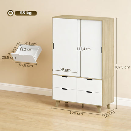 Wardrobe with Sliding Doors, Clothes Rail and 4 Drawers, Oak Look, White
