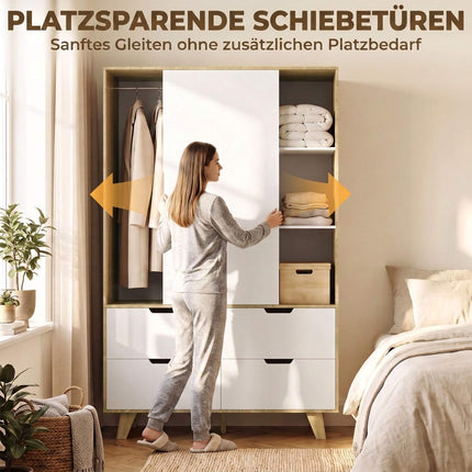 Wardrobe with Sliding Doors, Clothes Rail and 4 Drawers, Oak Look, White