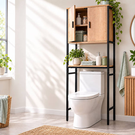 Washing Machine Cabinet with 2 Compartments, 170 cm, Light Wood/Black