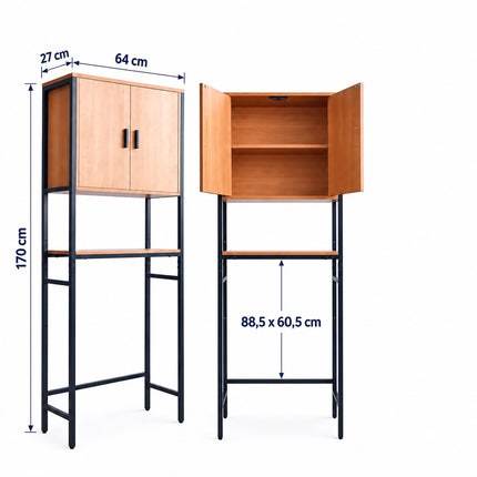 Washing Machine Cabinet with 2 Compartments, 170 cm, Light Wood/Black
