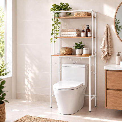 Washing Machine Shelf with 3 Shelves, 161 x 66 x 40 cm, White, Natural Wood Tone