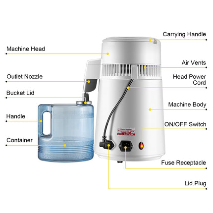 Water Distiller, 4L 750W Stainless Steel, Collection Bottle
