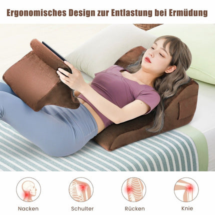 Pleišto formos pagalvių komplektas, ergonomiška nugaros pagalvė su šoninėmis kišenėmis ir skalbiamu užvalkalu, kaklo atraminė pagalvė, 47,5 x 23,5 x 54 cm, ruda