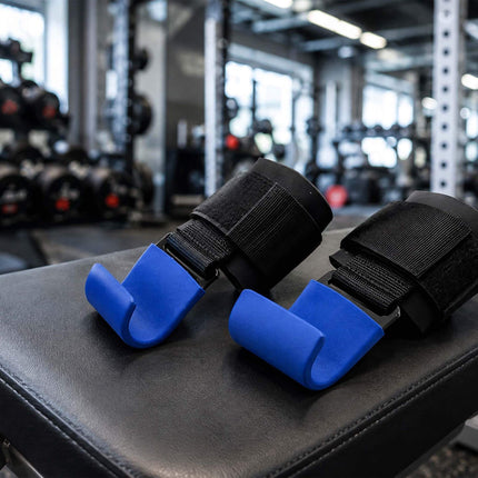 Weightlifting Wrist Hooks Set of 2, Neoprene Padding, Black/Blue, 150 kg