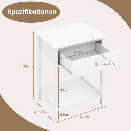 White Bedside Tables Set of 2 with Drawer & Shelf