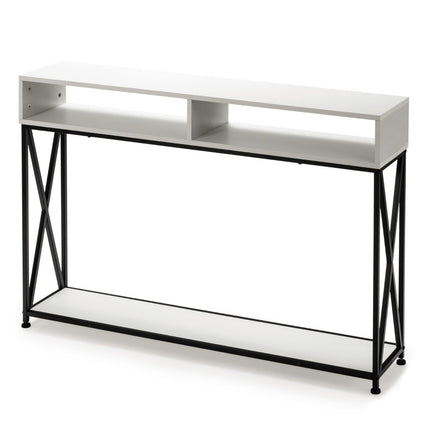 Baltas konsolinis staliukas su atvira lentyna ir plieniniu rėmu, 120 x 23 x 79 cm
