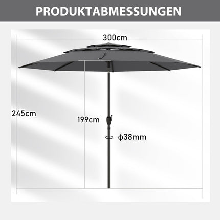 Vėjui atsparus terasos skėtis, 300 cm, su alkūniniu pakreipimu, pilkas