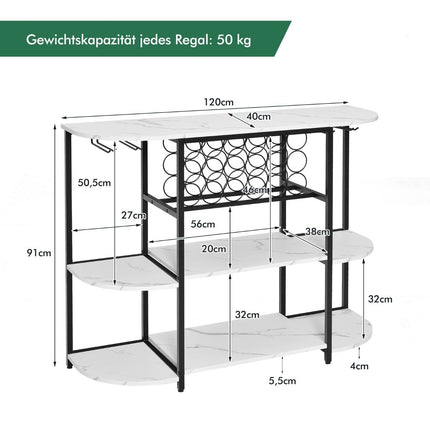 Vyno lentynėlė su taurės laikikliu ir lentynomis, 3 lygių butelių lentynėlė 18 vyno butelių ir 8 taurėms, 120 x 40 x 91 cm, balta