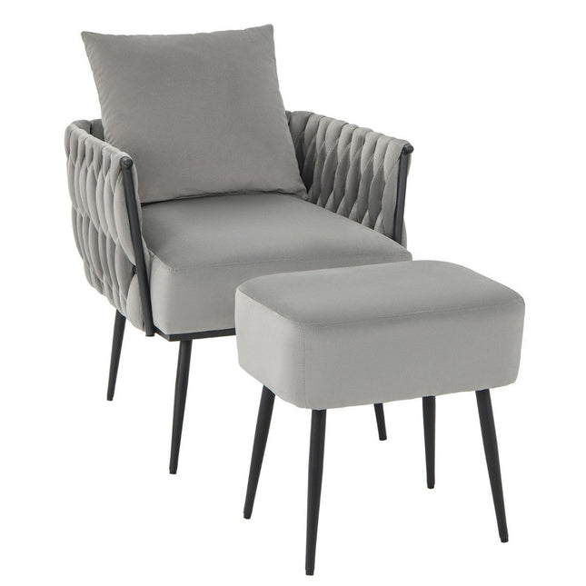 Kėdė su taburetėle, minkšta pagalvėlė, pintas atlošas, 58 cm, sėdynės gylis, pilka