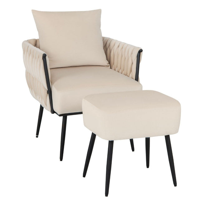 Kėdė su taburetėle, minkšta pagalvėlė, pintas atlošas, 58 cm, sėdynės gylis, baltas