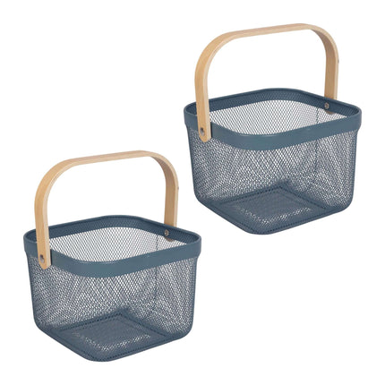 Wire Storage Baskets with Bamboo Handles, Set of 2, Blue