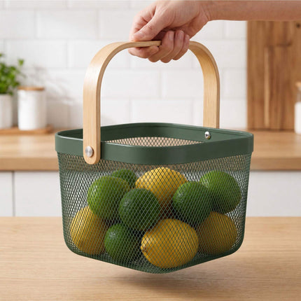 Wire Storage Baskets with Bamboo Handles, Set of 2, Green