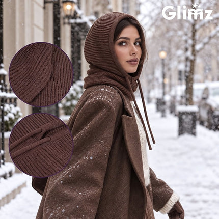 Women's 3-in-1 Balaclava Hood with 30% Wool, Ribbed Knit, Brown