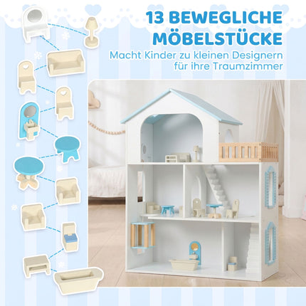 Wooden Dollhouse 79.5 cm with Lift and 13 Furniture Pieces, 3 Storeys, Blue