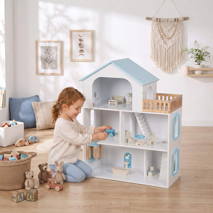 Wooden Dollhouse 79.5 cm with Lift and 13 Furniture Pieces, 3 Storeys, Blue