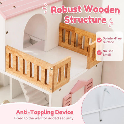 Wooden Dollhouse with 5 Rooms, Elevator and Furniture, Pink, Ages 3+