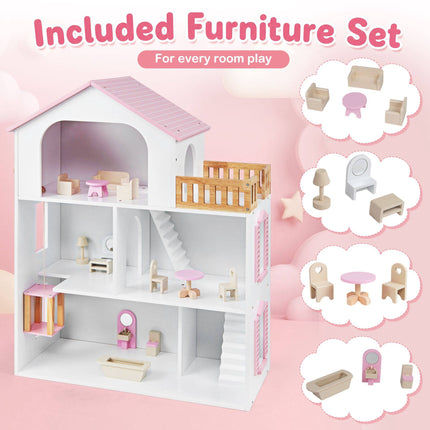 Wooden Dollhouse with 5 Rooms, Elevator and Furniture, Pink, Ages 3+