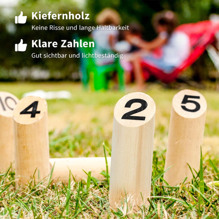 Medinis „Mölkky“ žaidimų rinkinys - 12 kėglių, 1 mėtymo lazda, dėžutė
