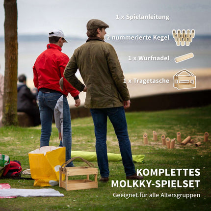 Medinis „Mölkky“ žaidimų rinkinys - 12 kėglių, 1 mėtymo lazda, dėžutė