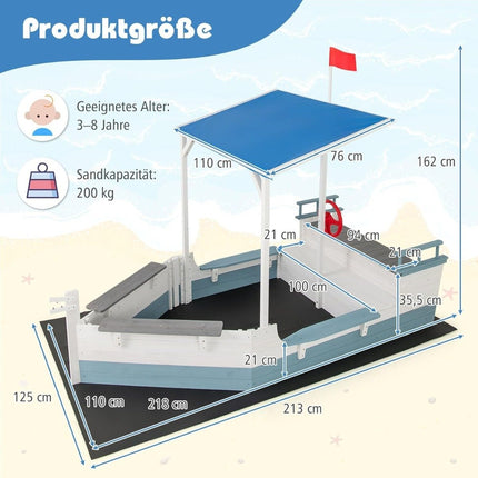 Medinė piratų laivo smėlio dėžė su stogu ir suoliuku