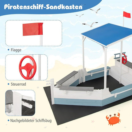 Medinė piratų laivo smėlio dėžė su stogu ir suoliuku