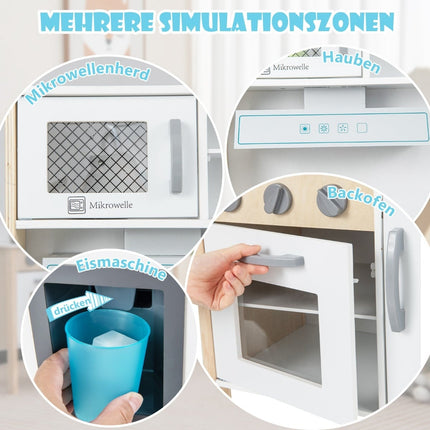 Medinis žaislinis virtuvės komplektas su mikrobangų krosnele, 18 priedų
