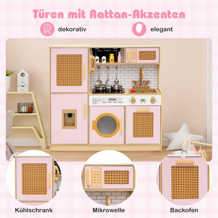 Medinė žaidimų virtuvė su rotango durelėmis, šviesa ir garsas, rožinė