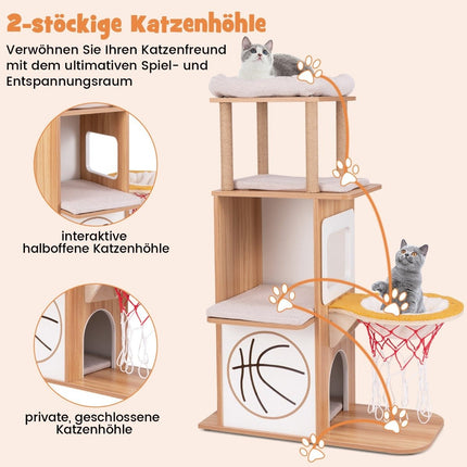 Medinis draskyklės stulpas, 120 cm, sportinis, laipiojimo bokštas su 2 aukštų kačių nameliu, natūralus