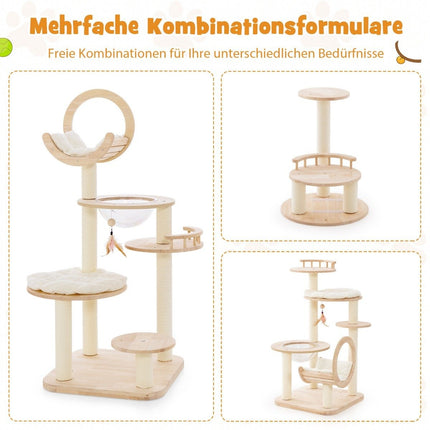 Medinis draskyklės stulpas, 4 „pasidaryk pats“ formų, katėms, su platformomis, erdvės kapsule ir sizalio stulpais, 60 x 60 x 146 cm, ąžuolo mediena, smėlio spalvos