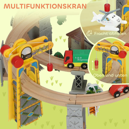 Medinis traukinių rinkinys, 100 dalių, magnetinis kranas, buko mediena